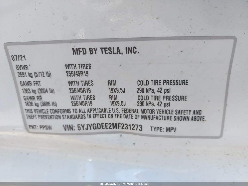 5YJYGDEE2MF231273 2021 TESLA MODEL Y photo no. 9