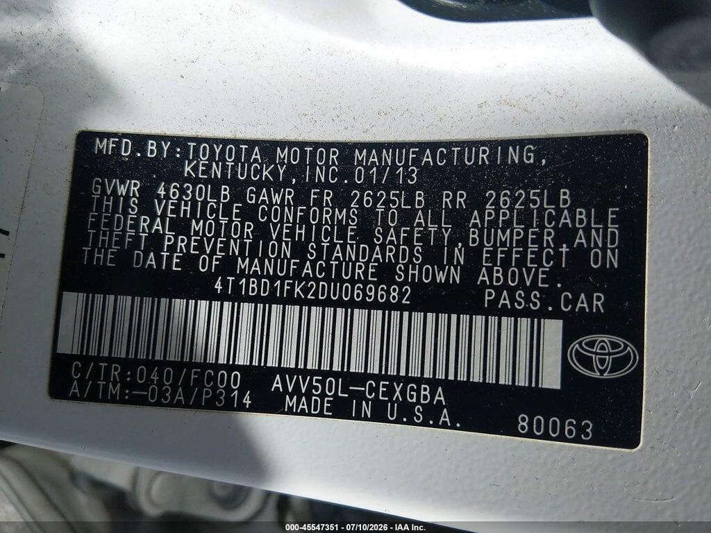 4T1BD1FK2DU069682 2013 TOYOTA CAMRY HYBRID photo no. 9