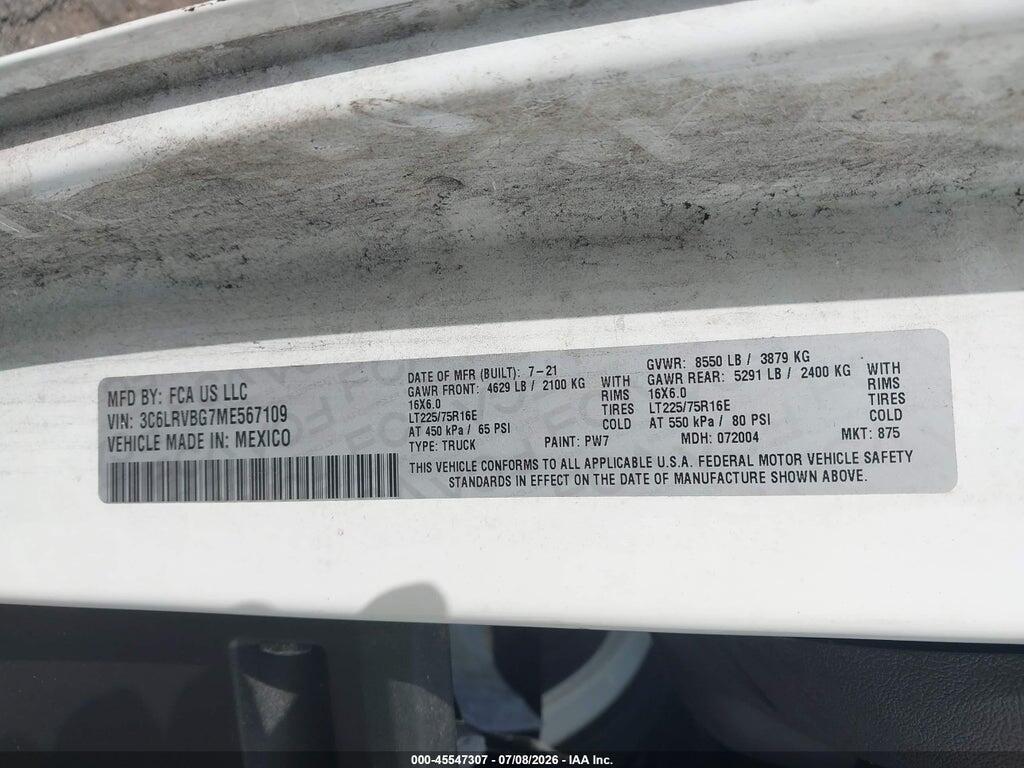 3C6LRVBG7ME567109 2021 RAM PROMASTER 1500 photo no. 9
