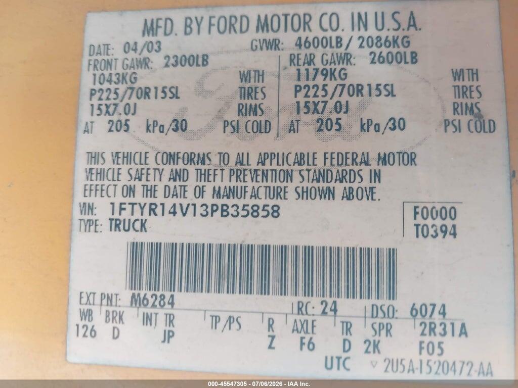 1FTYR14V13PB35858 2003 FORD RANGER photo no. 9