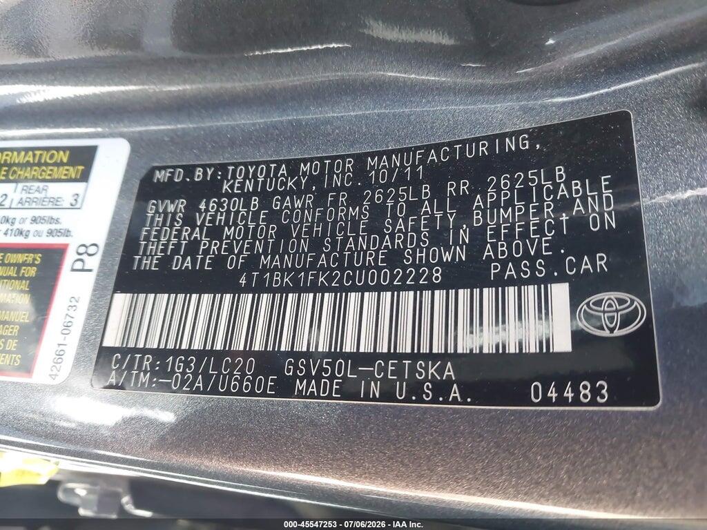 4T1BK1FK2CU002228 2012 TOYOTA CAMRY photo no. 9