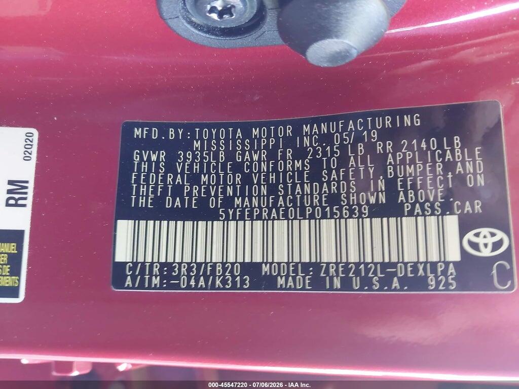 5YFEPRAE0LP015639 2020 TOYOTA COROLLA photo no. 9