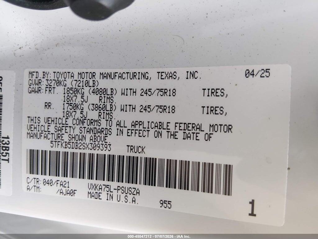 5TFKB5DB2SX309393 2025 TOYOTA TUNDRA photo no. 9