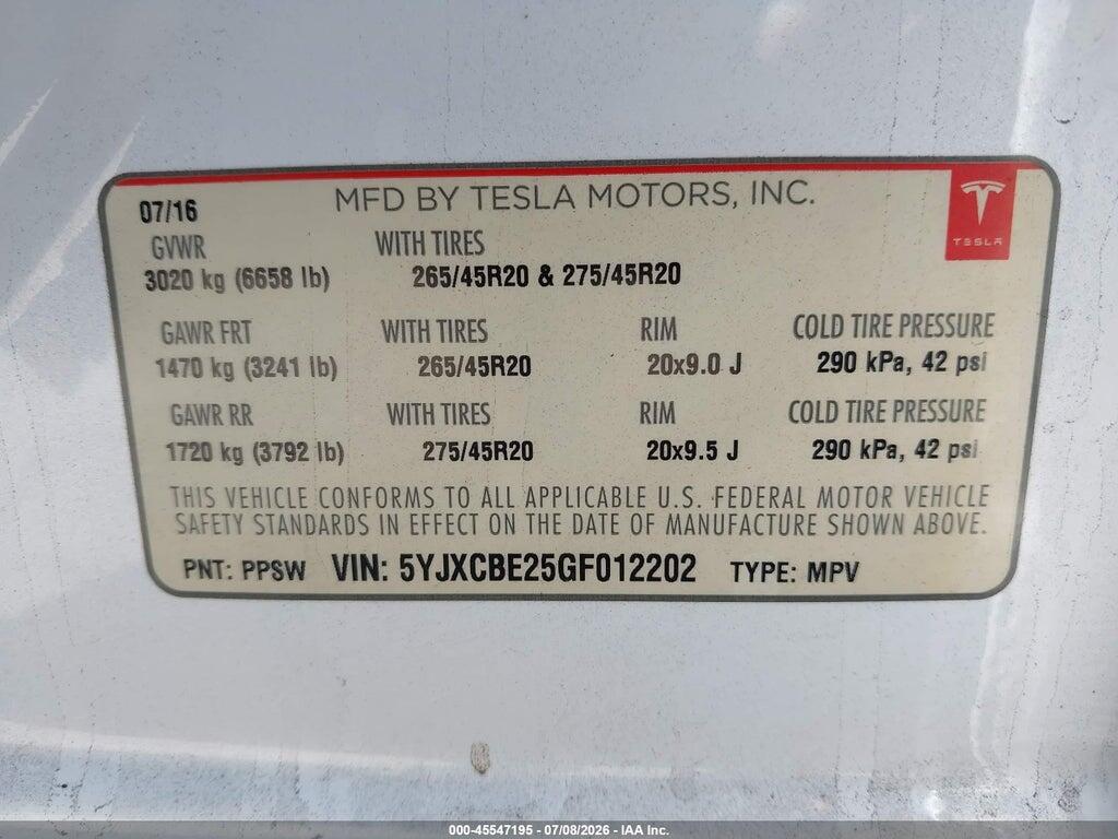5YJXCBE25GF012202 2016 TESLA MODEL X photo no. 9