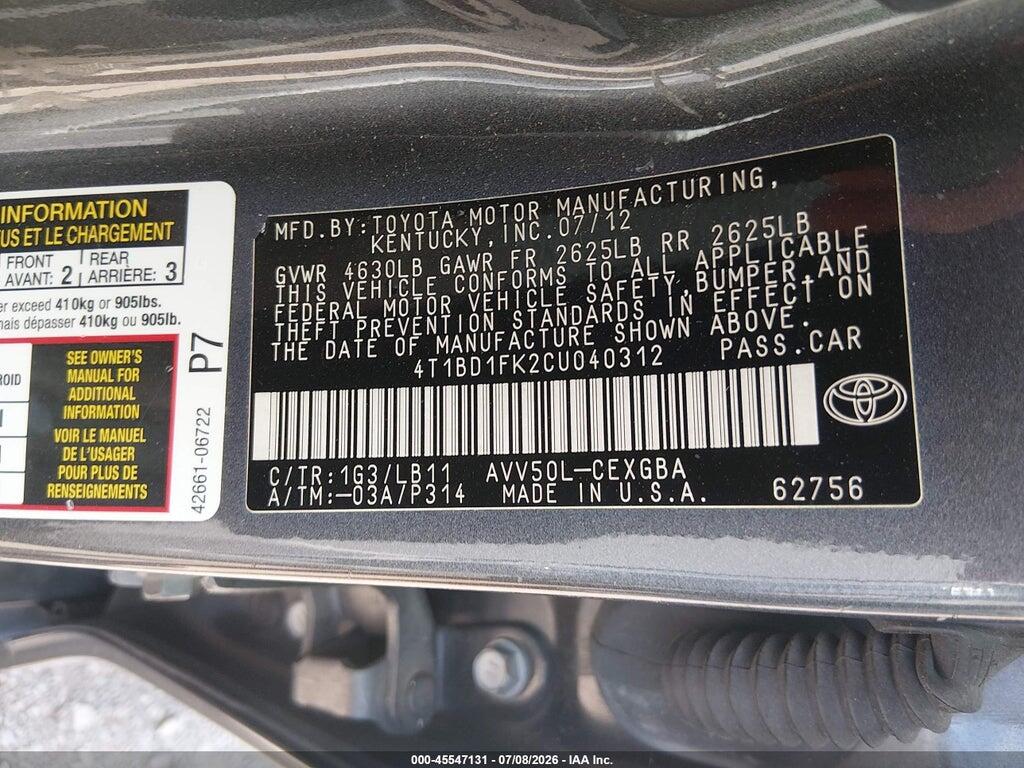 4T1BD1FK2CU040312 2012 TOYOTA CAMRY HYBRID photo no. 9