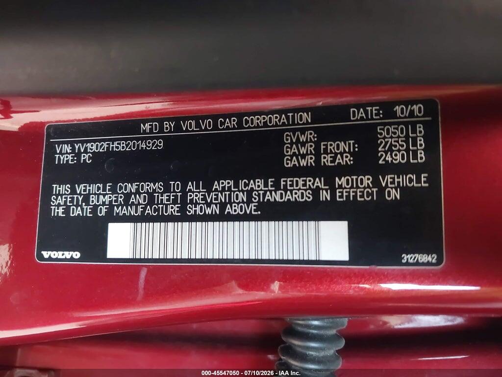 YV1902FH5B2014929 2011 VOLVO S60 photo no. 9