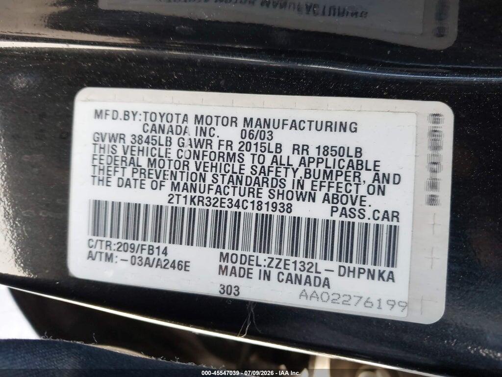 2T1KR32E34C181938 2004 TOYOTA MATRIX photo no. 9