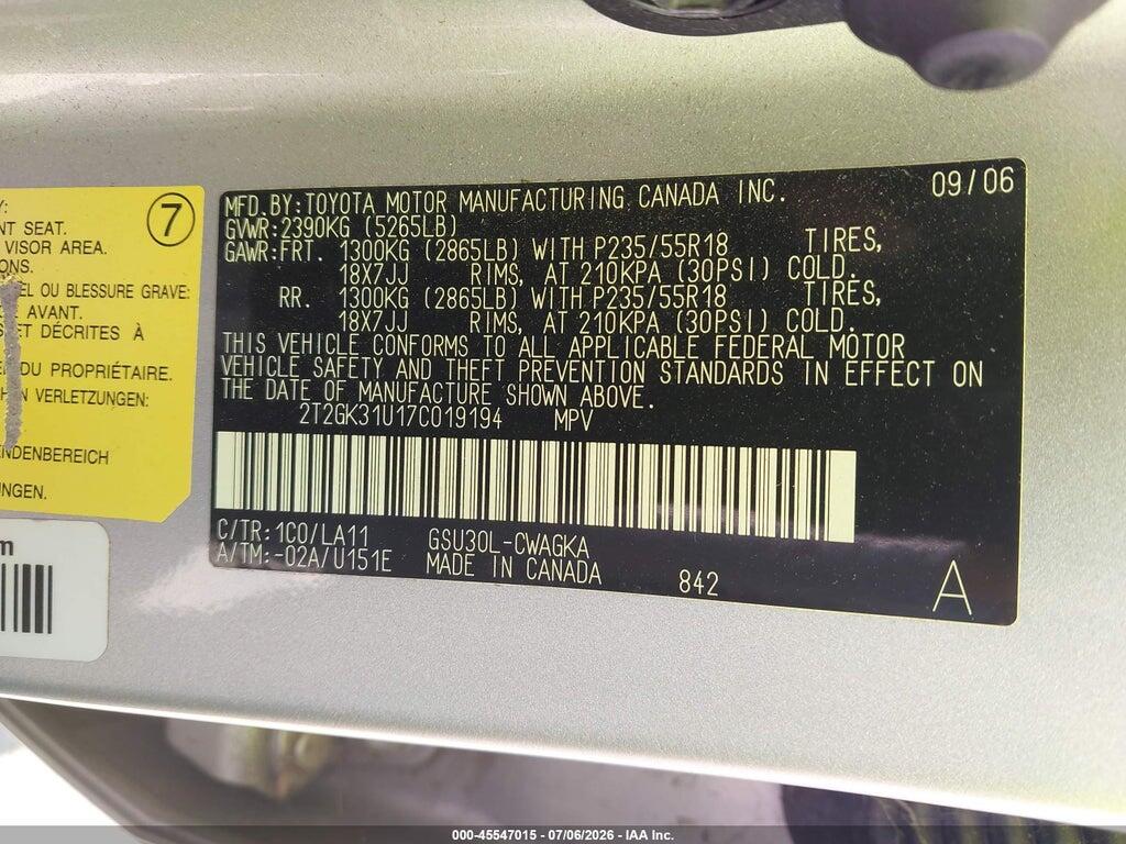 2T2GK31U17C019194 2007 LEXUS RX 350 photo no. 9