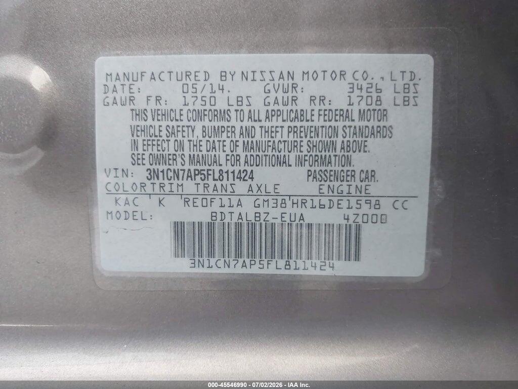 3N1CN7AP5FL811424 2015 NISSAN VERSA photo no. 9