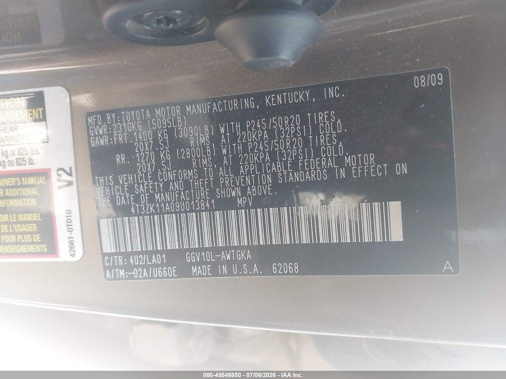 4T3ZK11A09U013841 2009 TOYOTA VENZA photo no. 9