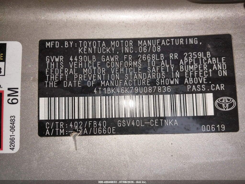 4T1BK46K79U087836 2009 TOYOTA CAMRY photo no. 9
