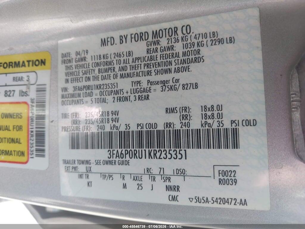 3FA6P0RU1KR235351 2019 FORD FUSION HYBRID photo no. 9