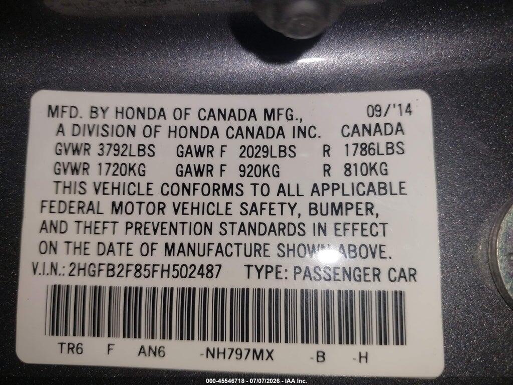 2HGFB2F85FH502487 2015 HONDA CIVIC photo no. 9