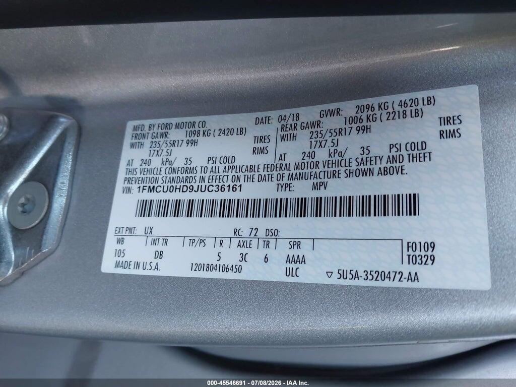 1FMCU0HD9JUC36161 2018 FORD ESCAPE photo no. 9