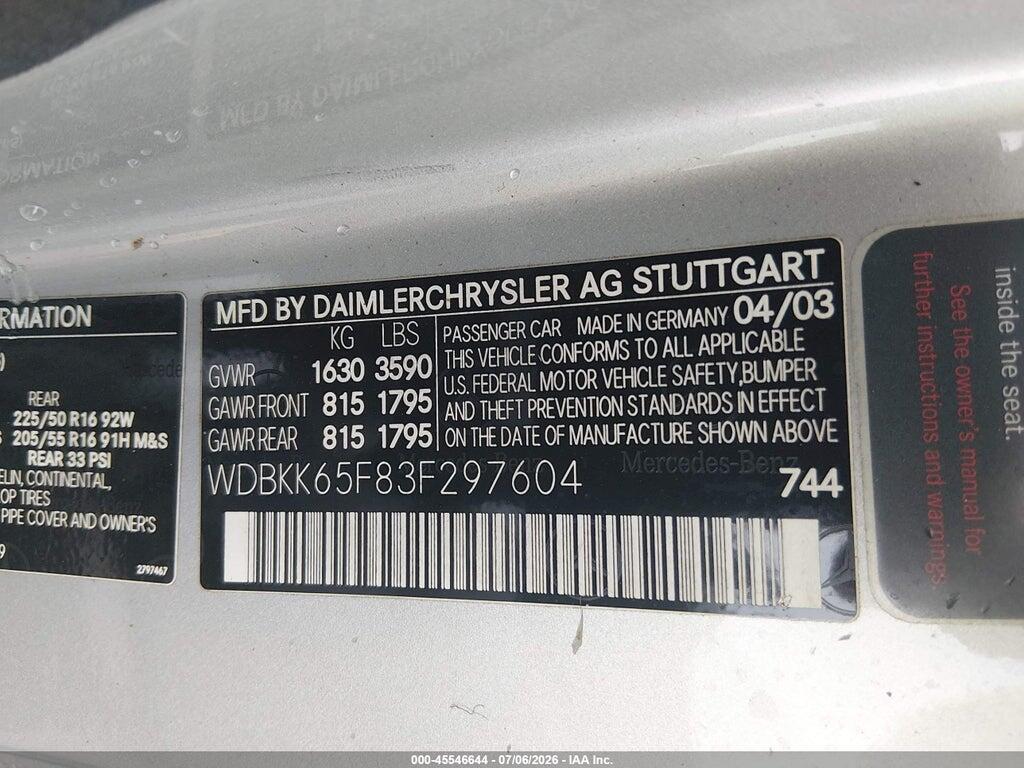 WDBKK65F83F297604 2003 MERCEDES-BENZ SLK 320 photo no. 9
