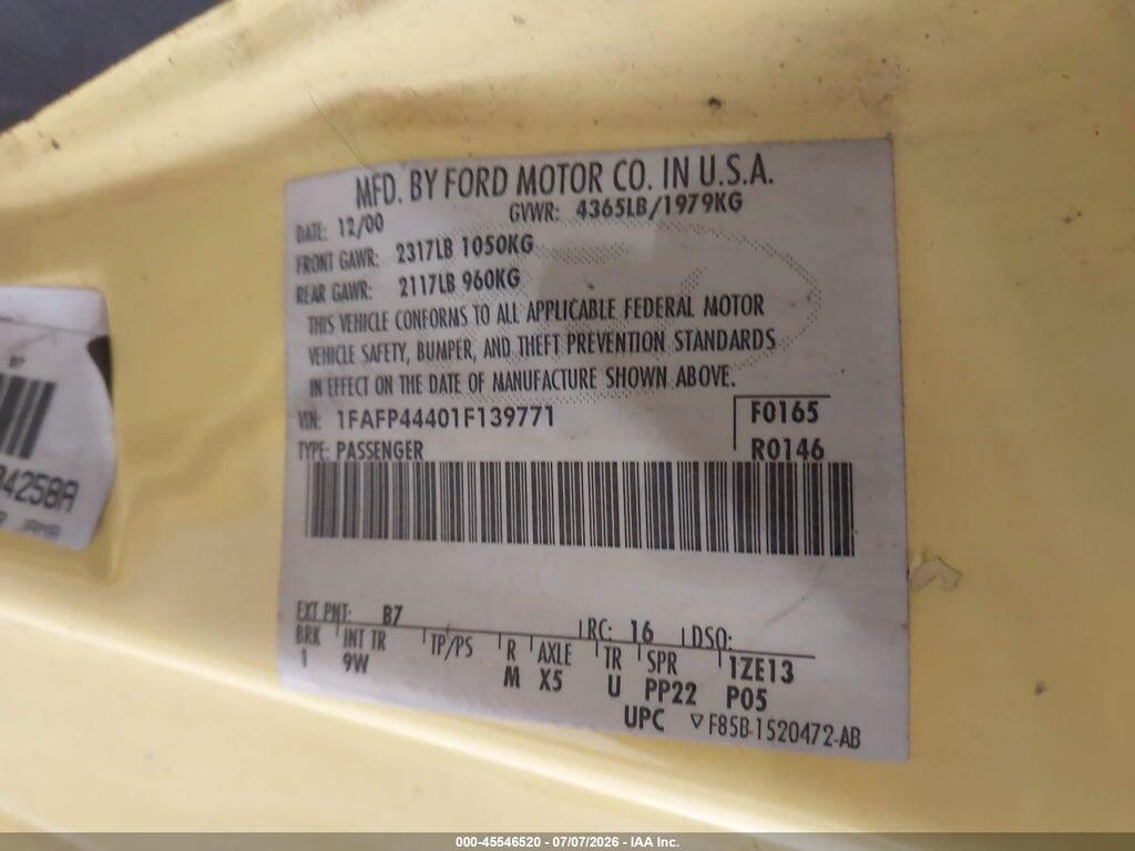 1FAFP44401F139771 2001 FORD MUSTANG photo no. 9
