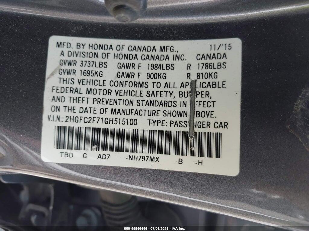2HGFC2F71GH515100 2016 HONDA CIVIC photo no. 9
