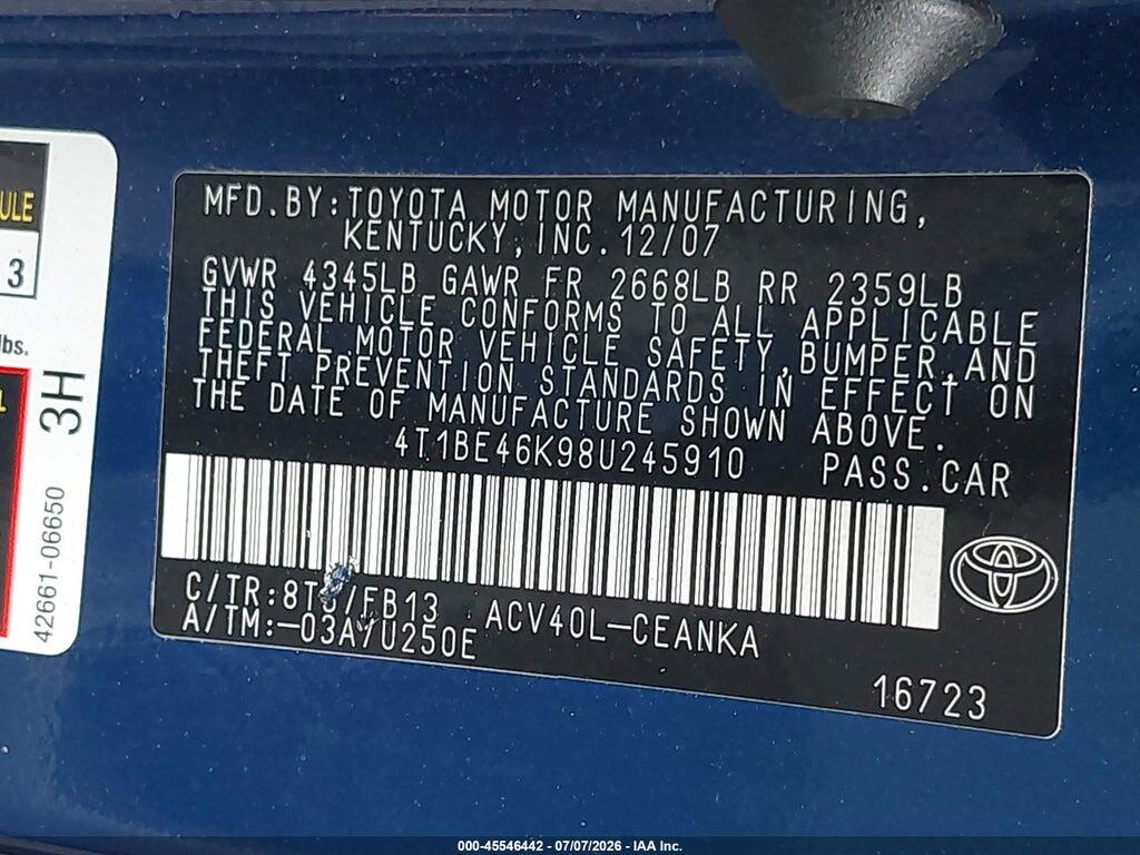 4T1BE46K98U245910 2008 TOYOTA CAMRY photo no. 9