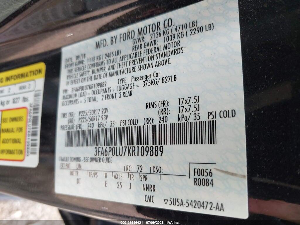 3FA6P0LU7KR109889 2019 FORD FUSION HYBRID photo no. 9