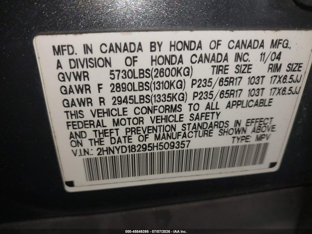 2HNYD18295H509357 2005 ACURA MDX photo no. 9