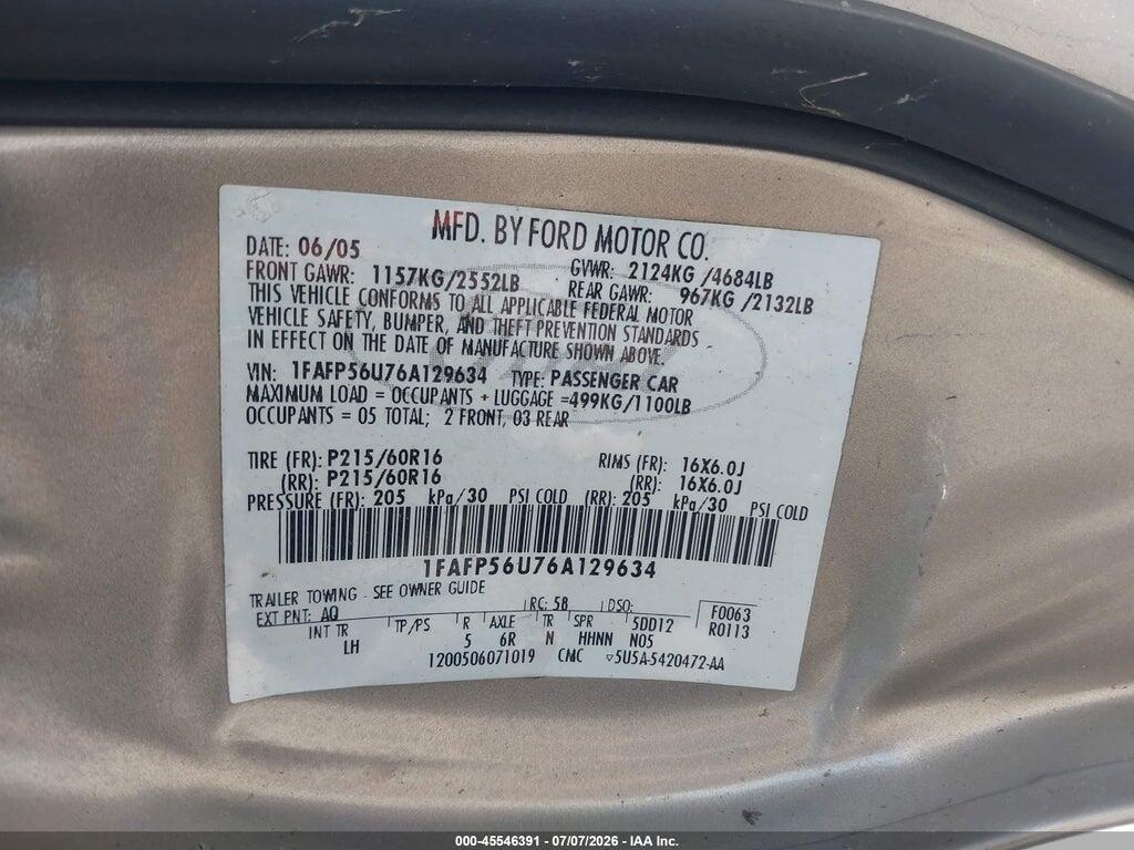 1FAFP56U76A129634 2006 FORD TAURUS photo no. 9