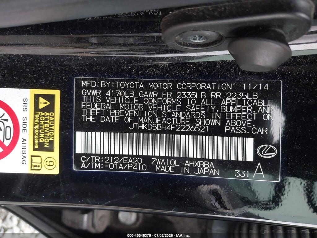 JTHKD5BH4F2226521 2015 LEXUS CT 200H photo no. 9