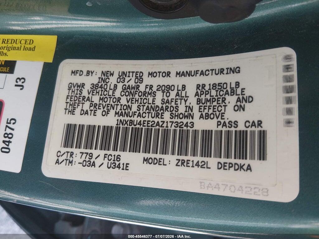 1NXBU4EE2AZ173243 2010 TOYOTA COROLLA photo no. 9
