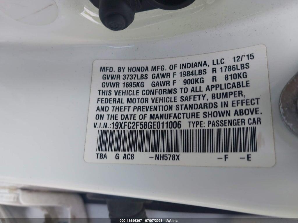 19XFC2F58GE011006 2016 HONDA CIVIC photo no. 9