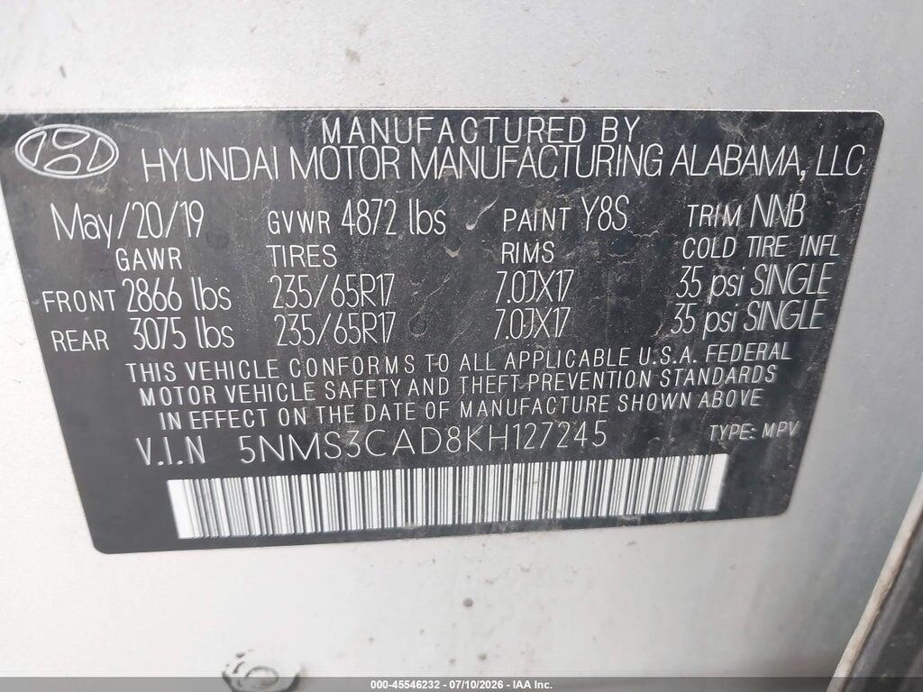 5NMS3CAD8KH127245 2019 HYUNDAI SANTA FE photo no. 9