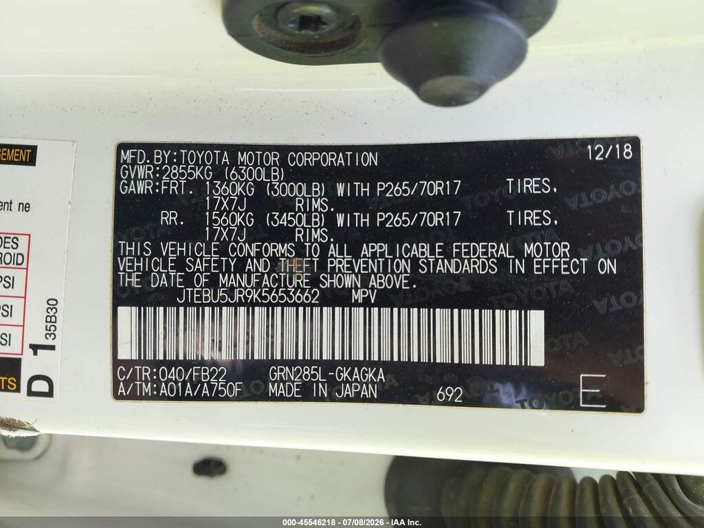 JTEBU5JR9K5653662 2019 TOYOTA 4RUNNER photo no. 9