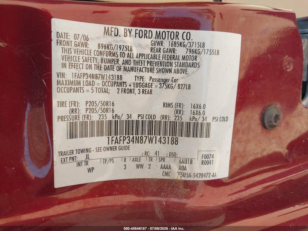 1FAFP34N87W143188 2007 FORD FOCUS photo no. 9