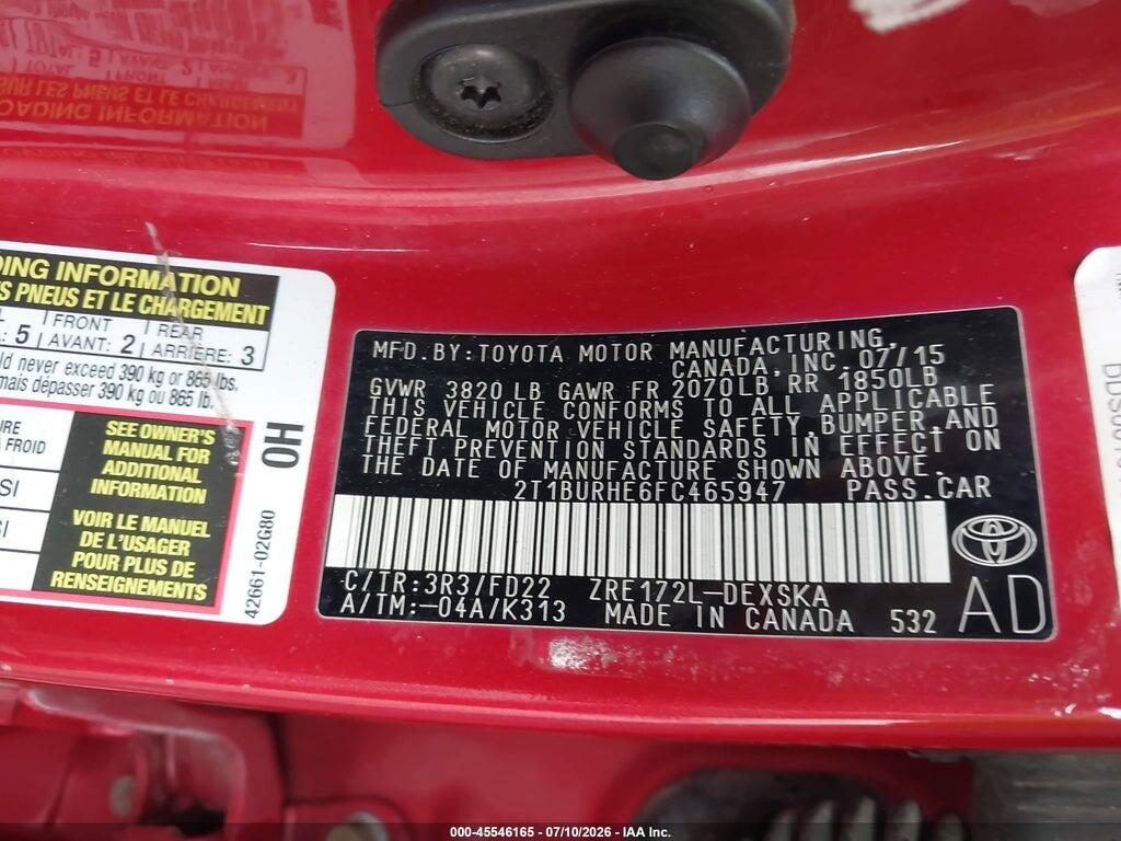 2T1BURHE6FC465947 2015 TOYOTA COROLLA photo no. 9