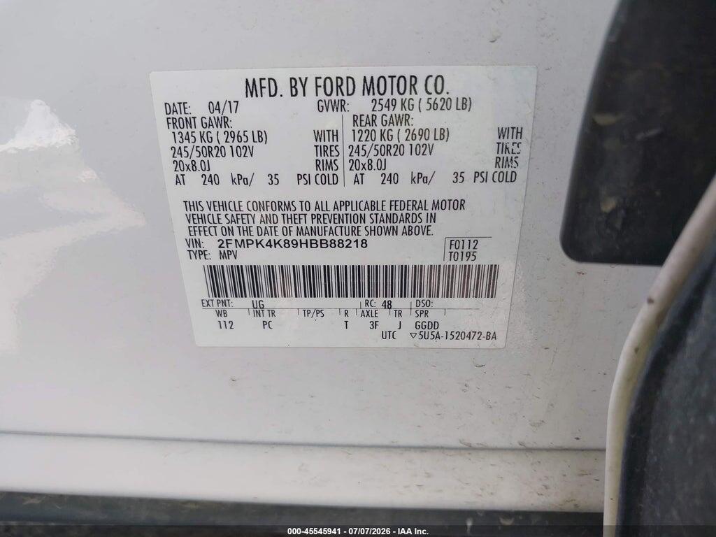 2FMPK4K89HBB88218 2017 FORD EDGE photo no. 9