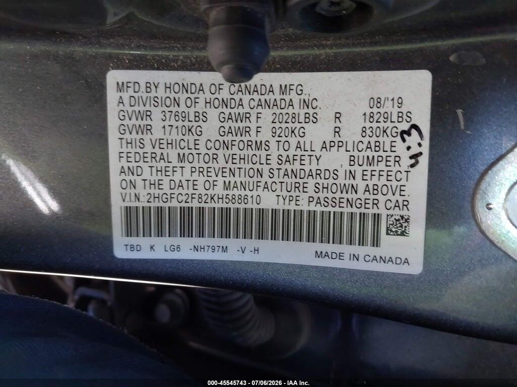 2HGFC2F82KH588610 2019 HONDA CIVIC photo no. 9