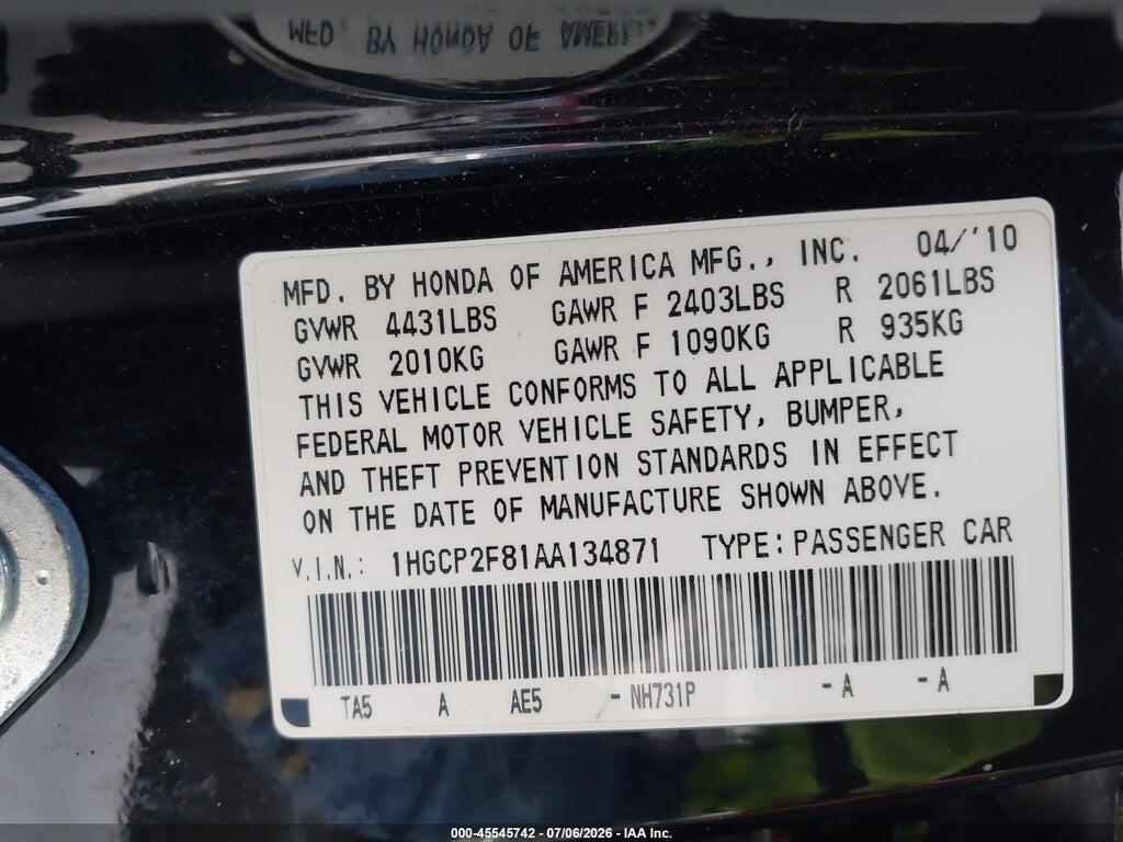 1HGCP2F81AA134871 2010 HONDA ACCORD photo no. 9
