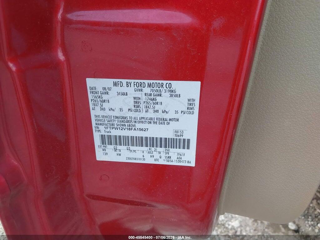 1FTPW12V18FA15627 2008 FORD F-150 photo no. 9