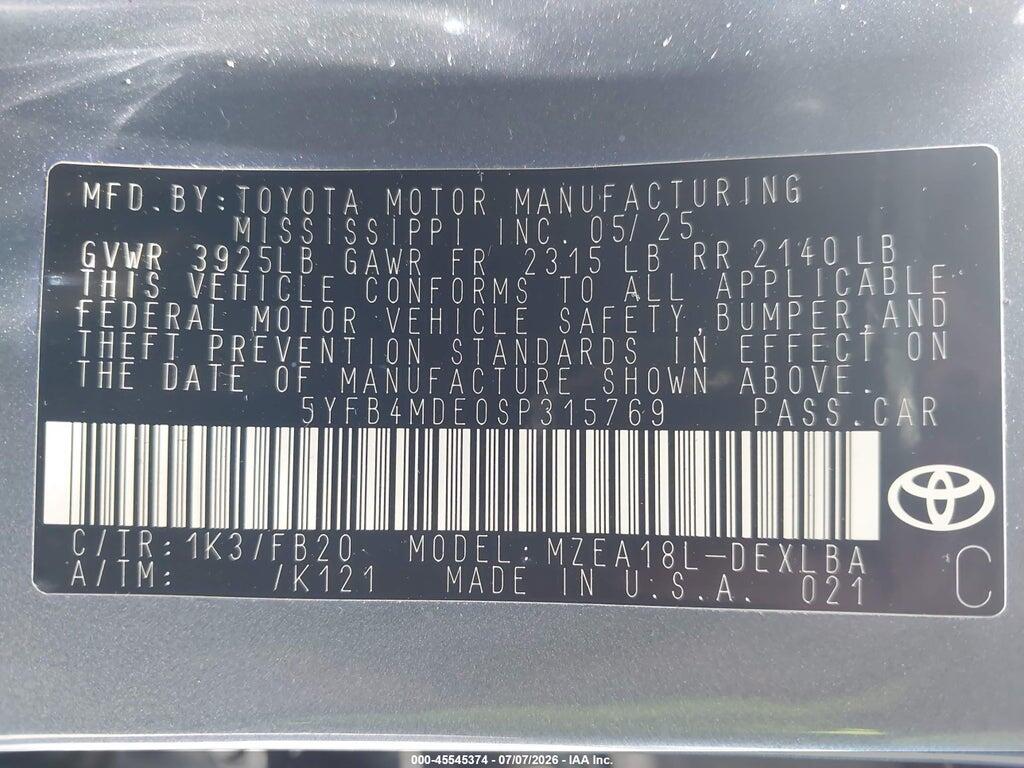 5YFB4MDE0SP315769 2025 TOYOTA COROLLA photo no. 9