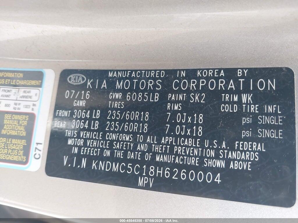 KNDMC5C18H6260004 2017 KIA SEDONA photo no. 9