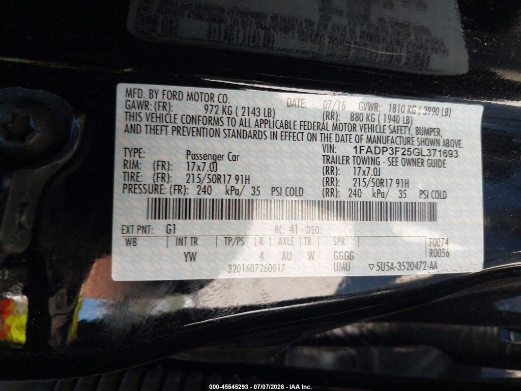 1FADP3F25GL371693 2016 FORD FOCUS photo no. 9