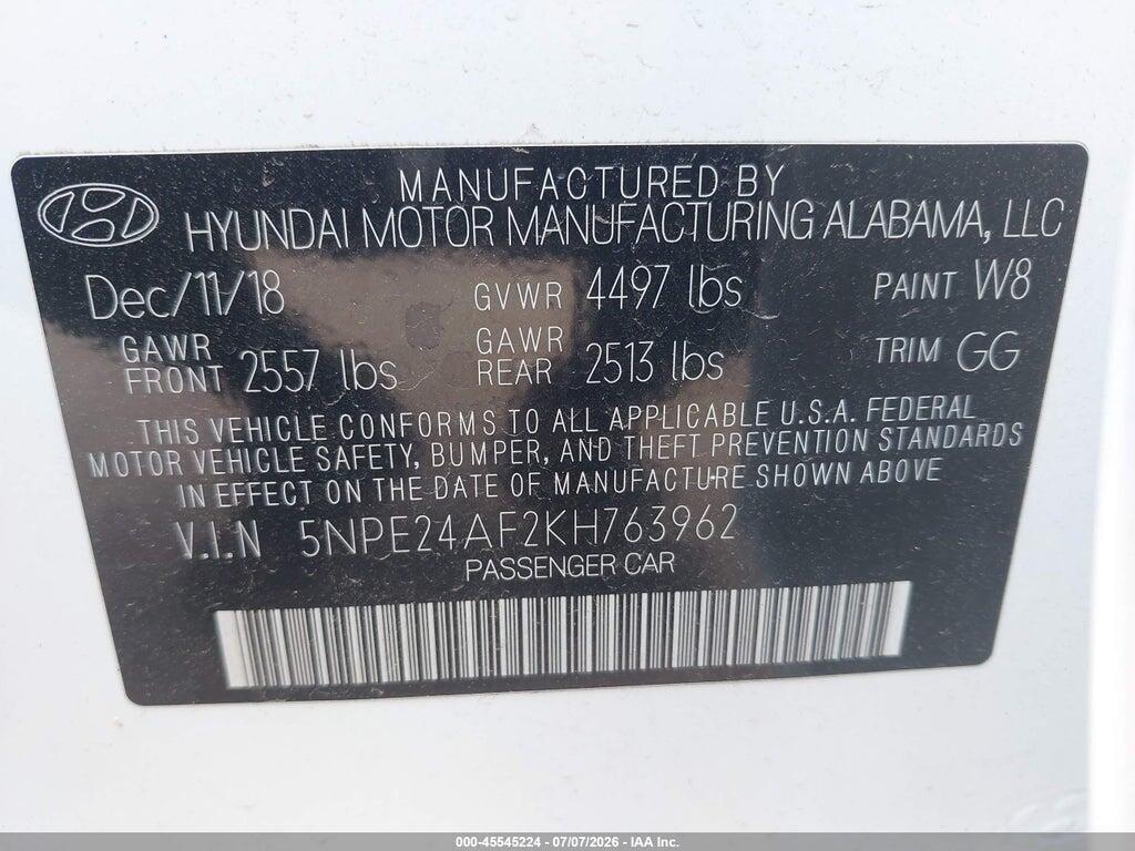 5NPE24AF2KH763962 2019 HYUNDAI SONATA photo no. 9