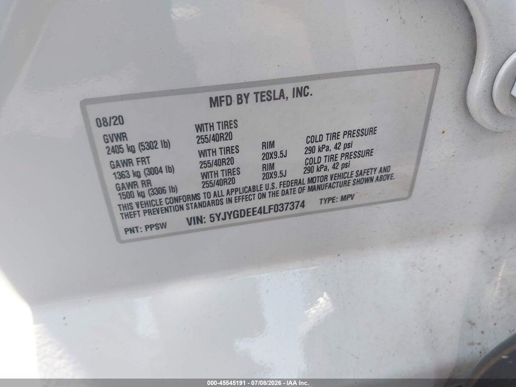 5YJYGDEE4LF037374 2020 TESLA MODEL Y photo no. 9