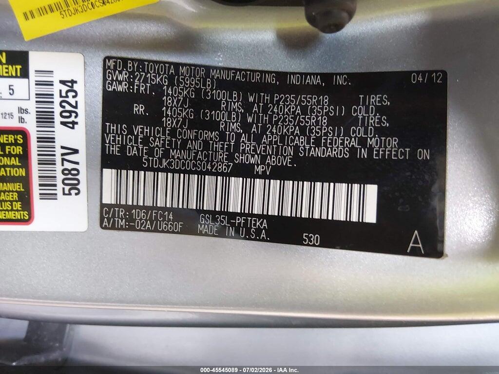 5TDJK3DC0CS042867 2012 TOYOTA SIENNA photo no. 9