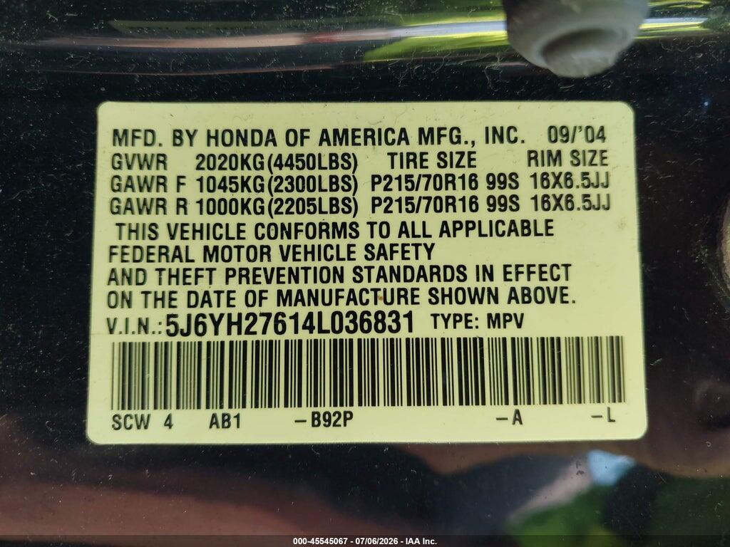 5J6YH27614L036831 2004 HONDA ELEMENT photo no. 9