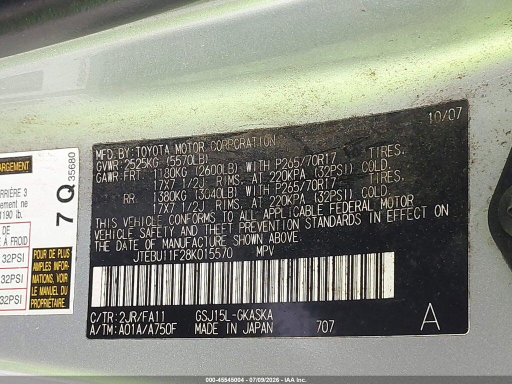 JTEBU11F28K015570 2008 TOYOTA FJ CRUISER photo no. 9