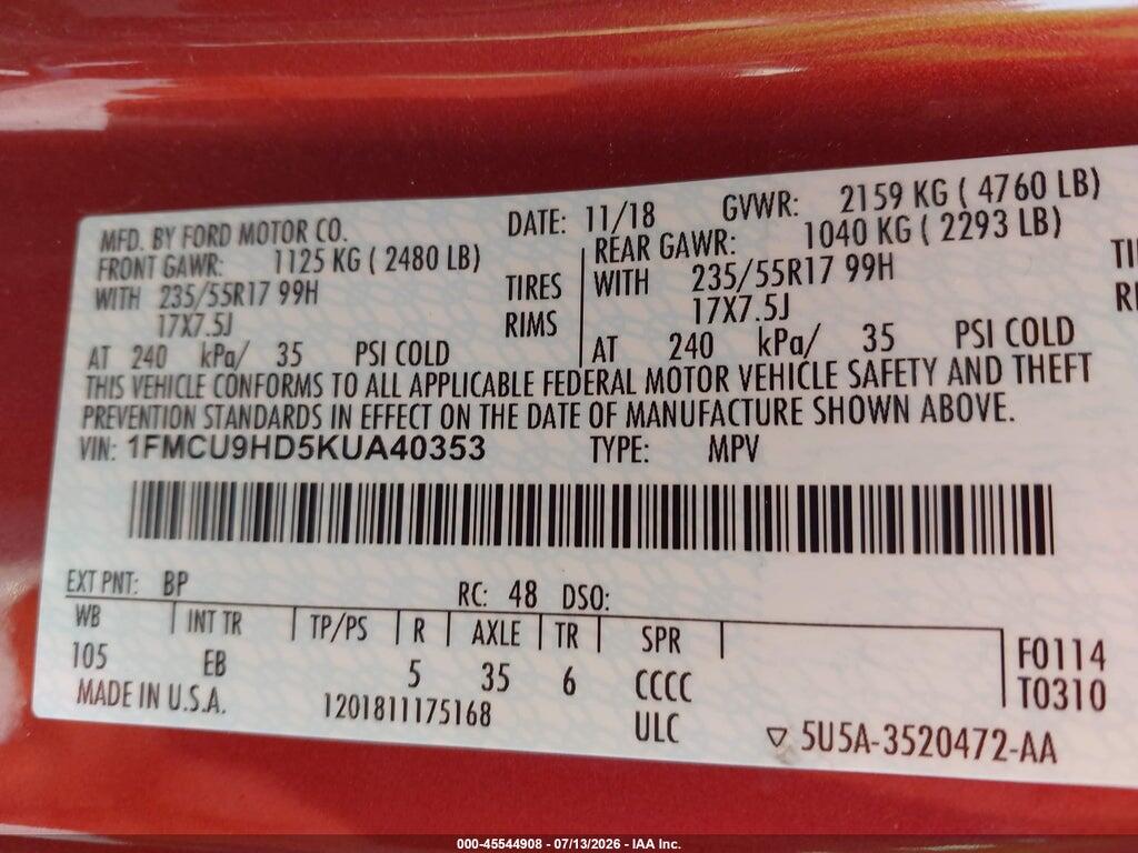 1FMCU9HD5KUA40353 2019 FORD ESCAPE photo no. 9
