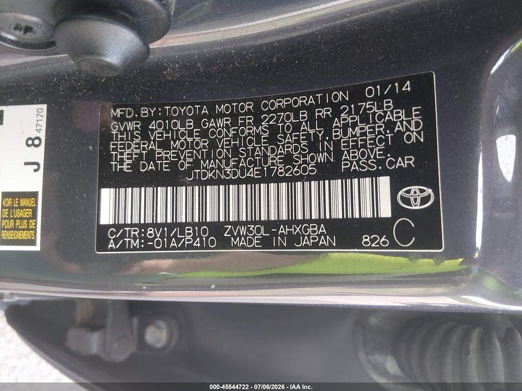 JTDKN3DU4E1782605 2014 TOYOTA PRIUS photo no. 9