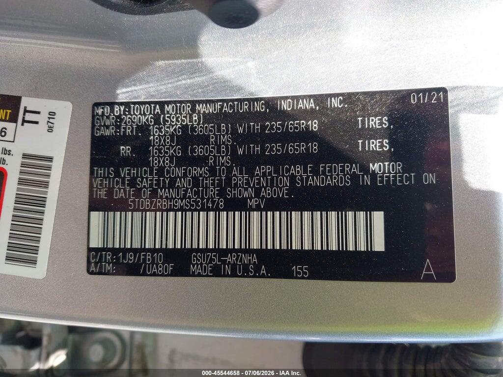 5TDBZRBH9MS531478 2021 TOYOTA HIGHLANDER photo no. 9