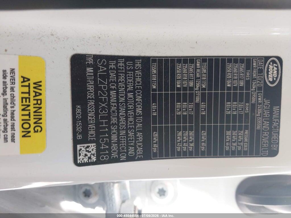 SALZP2FX3LH115418 2020 LAND ROVER RANGE ROVER EVOQUE photo no. 9