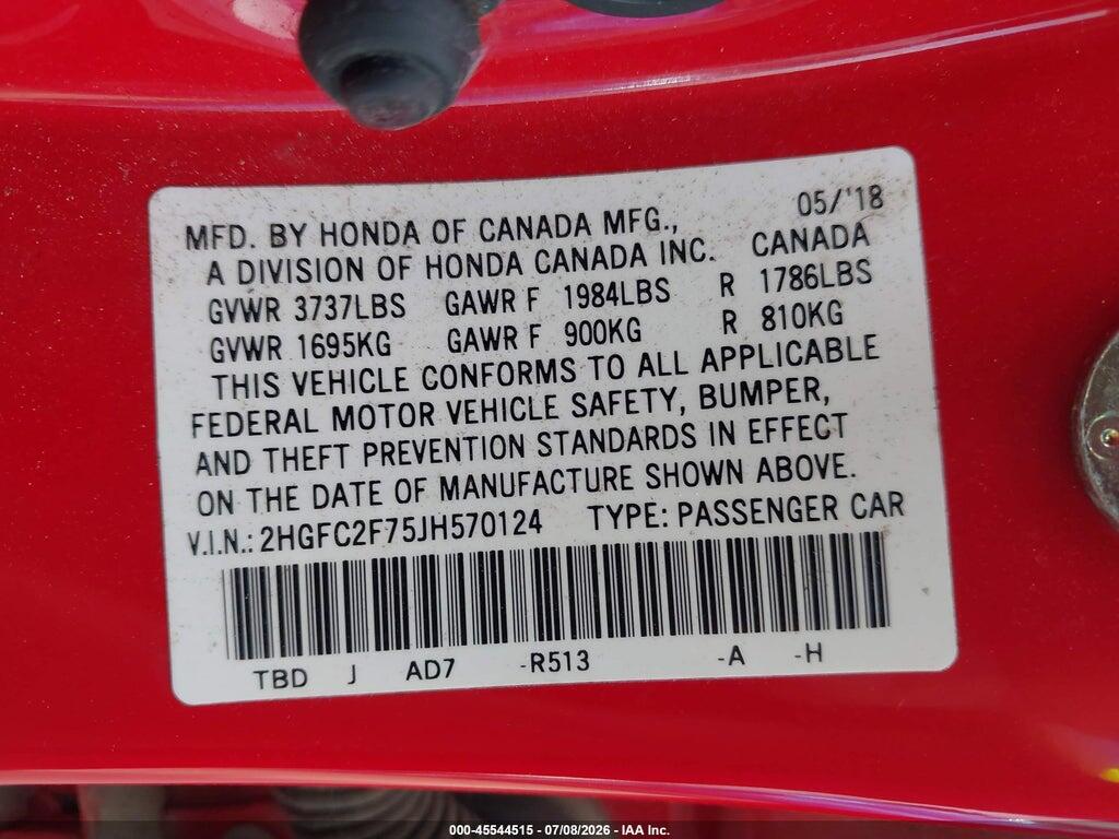 2HGFC2F75JH570124 2018 HONDA CIVIC photo no. 9