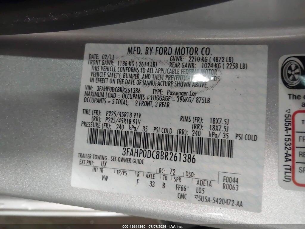 3FAHP0DC8BR261386 2011 FORD FUSION photo no. 9